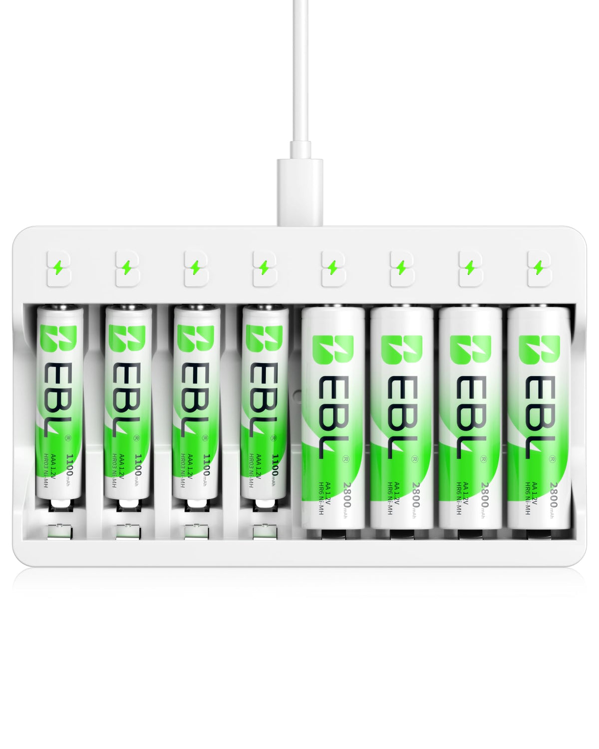 EBL 8 Slots LED Individual Battery Charger AA AAA NiMH with 5V 2A Fast Charging Function, including 4 x Rechargeable Battery AA and 4 x AAA