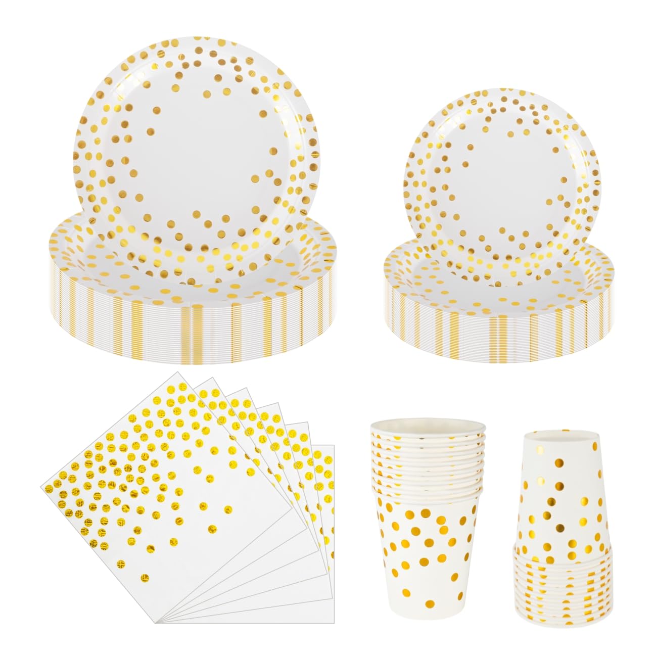 CEILIWEN 100PCS White and Gold Party Tableware Set, White and Gold Polka Dot Party Tableware Includes Plates, Napkins, Cups, White and Gold Party