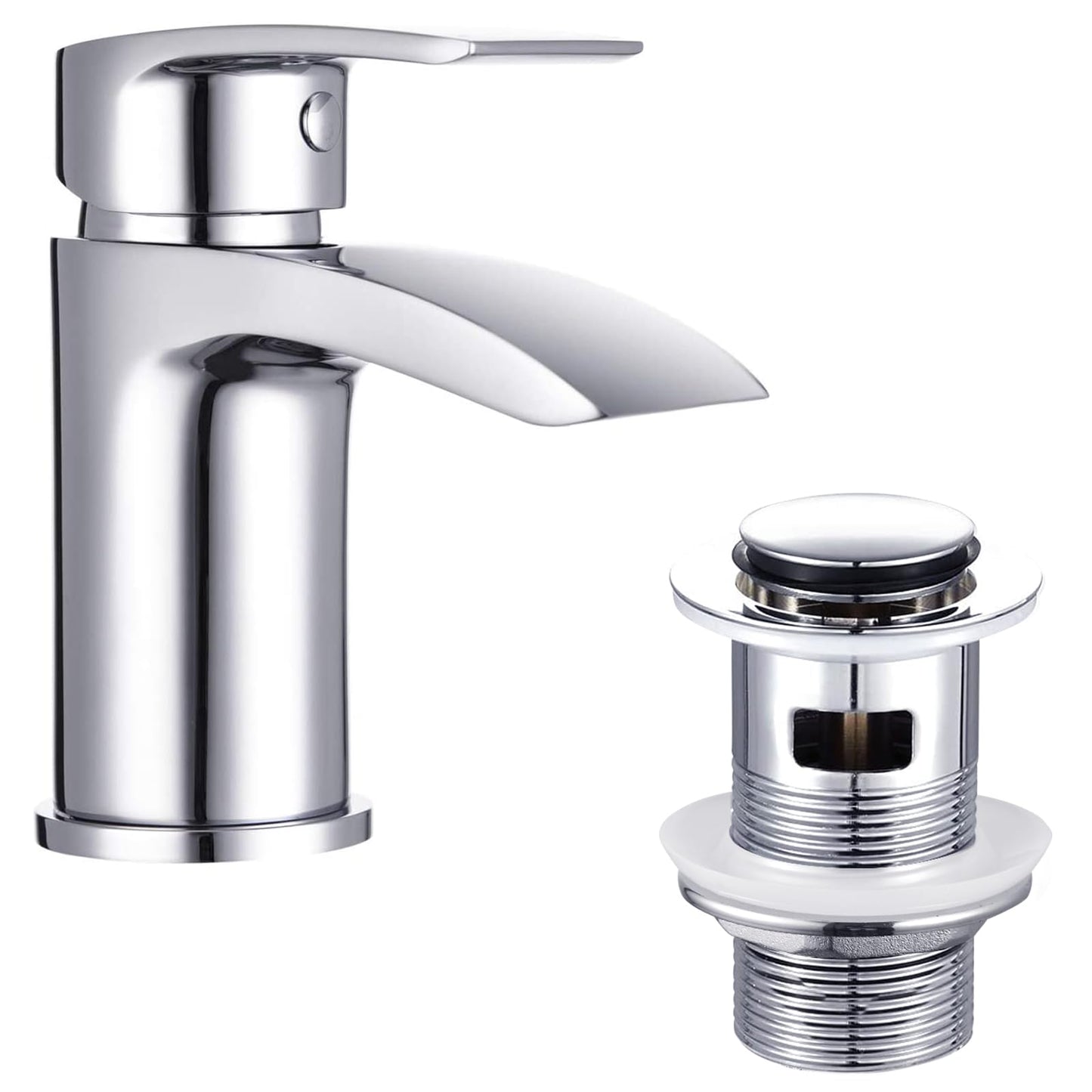 Funime Basin Taps Mixer Waterfall Bathroom Sink Tap Mixers Mono Chrome with Pop up Waste Slotted Brass Single Hole Monobloc with Hoses G1/2'' Modern