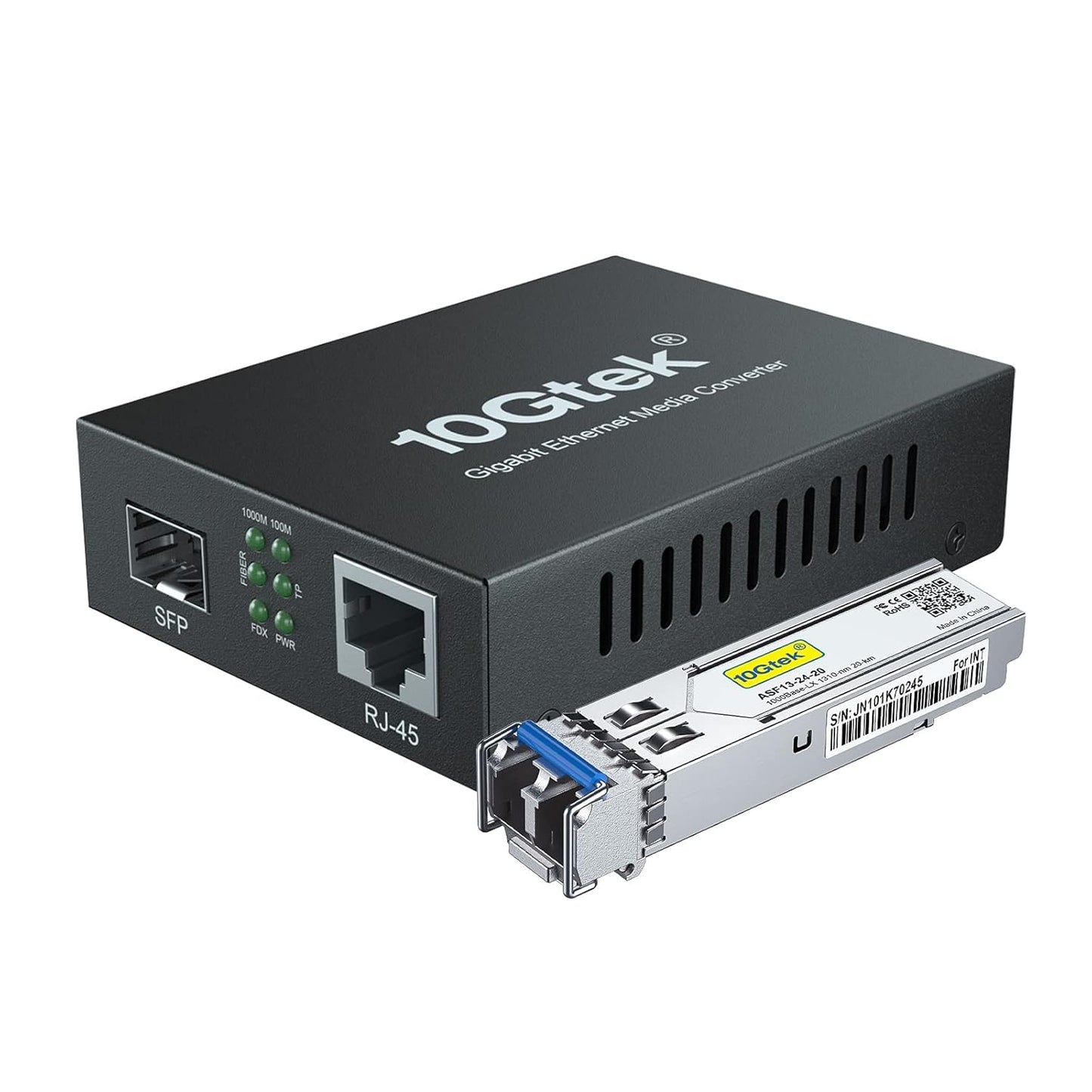 10Gtek Gigabit Ethernet Media Converter with a 1Gb SFP LX LC Singlemode Module, 10/100/1000M RJ45 to 1000Base-LX, up to 20km, with a British Power