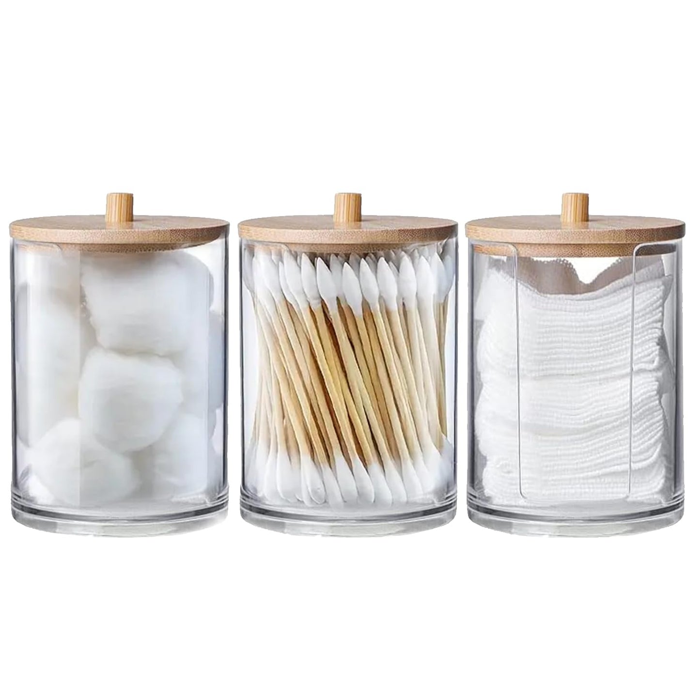 SoapUp? 3 Design Storage Boxes for Bathroom Accessories | Made of Transparent Acrylic & Bamboo Lids | Organizer for Cotton Swabs, Makeup Remover Pads,