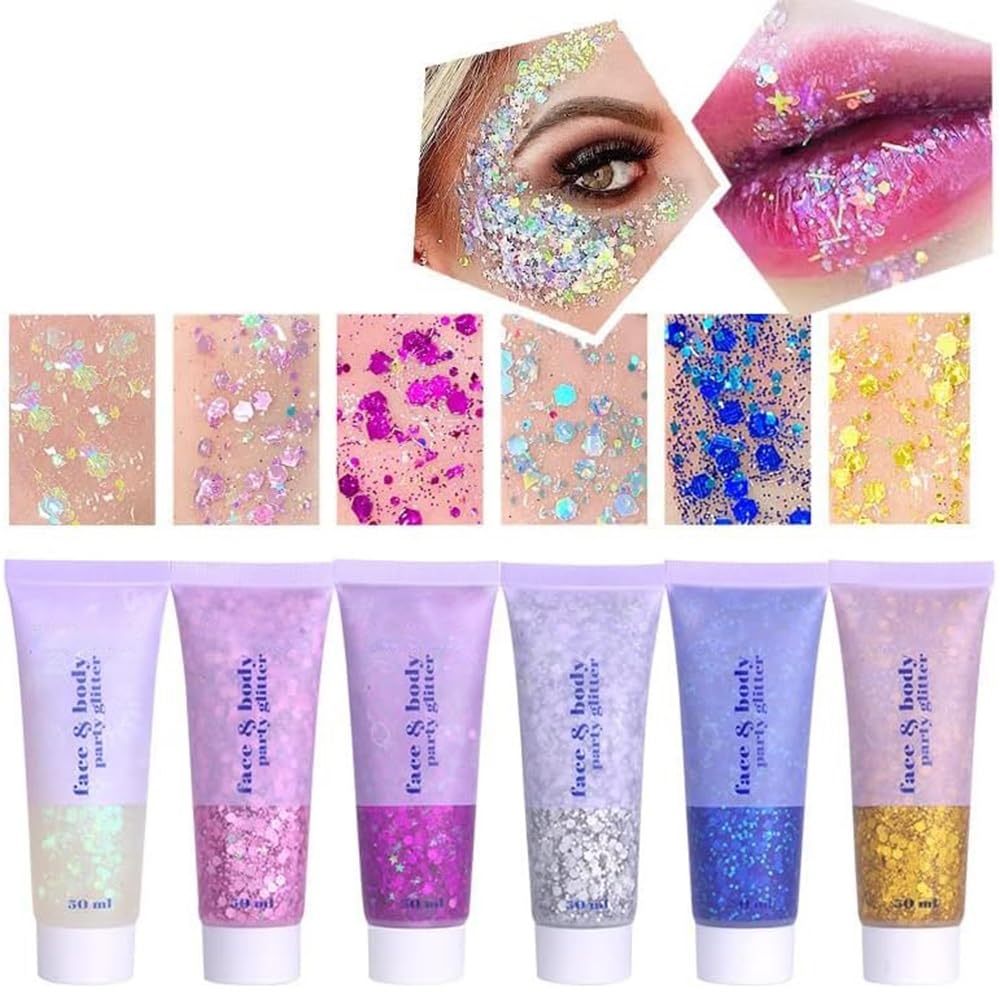 Beliky Girl Body Glitter Gel, 50ML Face Glitters Body Gel Sequins Shimmer Liquid Eyeshadow, Mermaid Sequins Liquid Holographic Glitters, New Year,