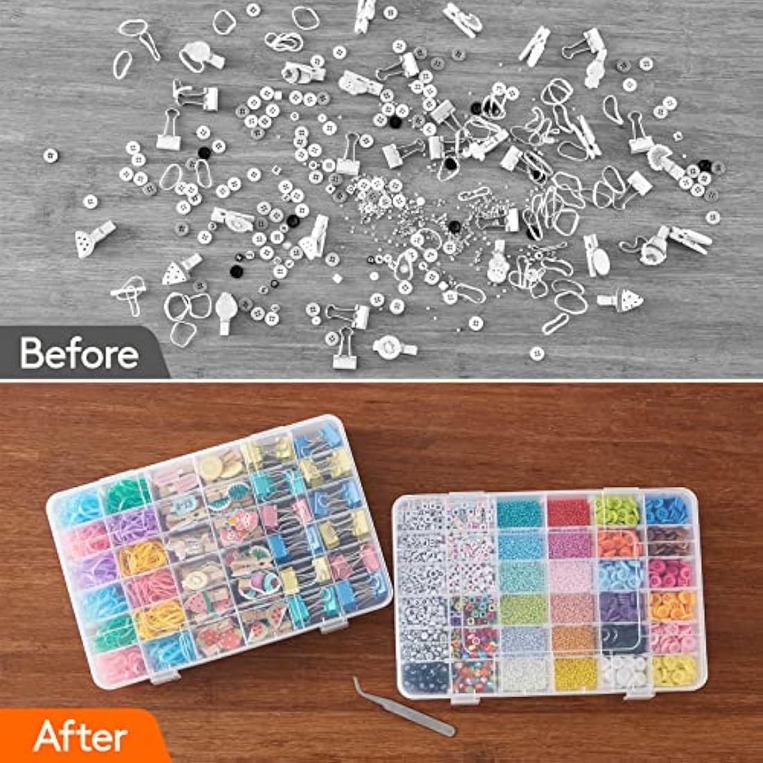 Lifewit 2 Pack 36 Grids Organiser Storage Box, Fishing Tackle Box, Clear Stackable Plastic Container with Adjustable Dividers for Beads, Art DIY, Crafts, Jewelry, with 5 Sheet Label Stickers