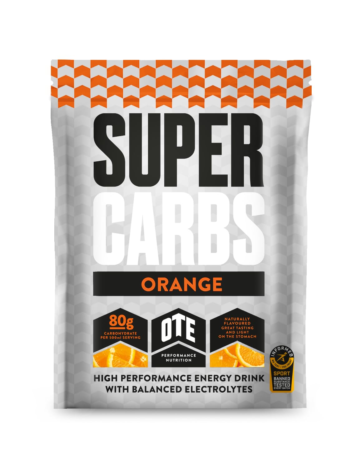 OTE Super Carbs - Energy Supplement Drink with 80g of Carbohydrates and a Balance of Electrolytes - Vegan-Friendly - 6 Sachets (Orange)