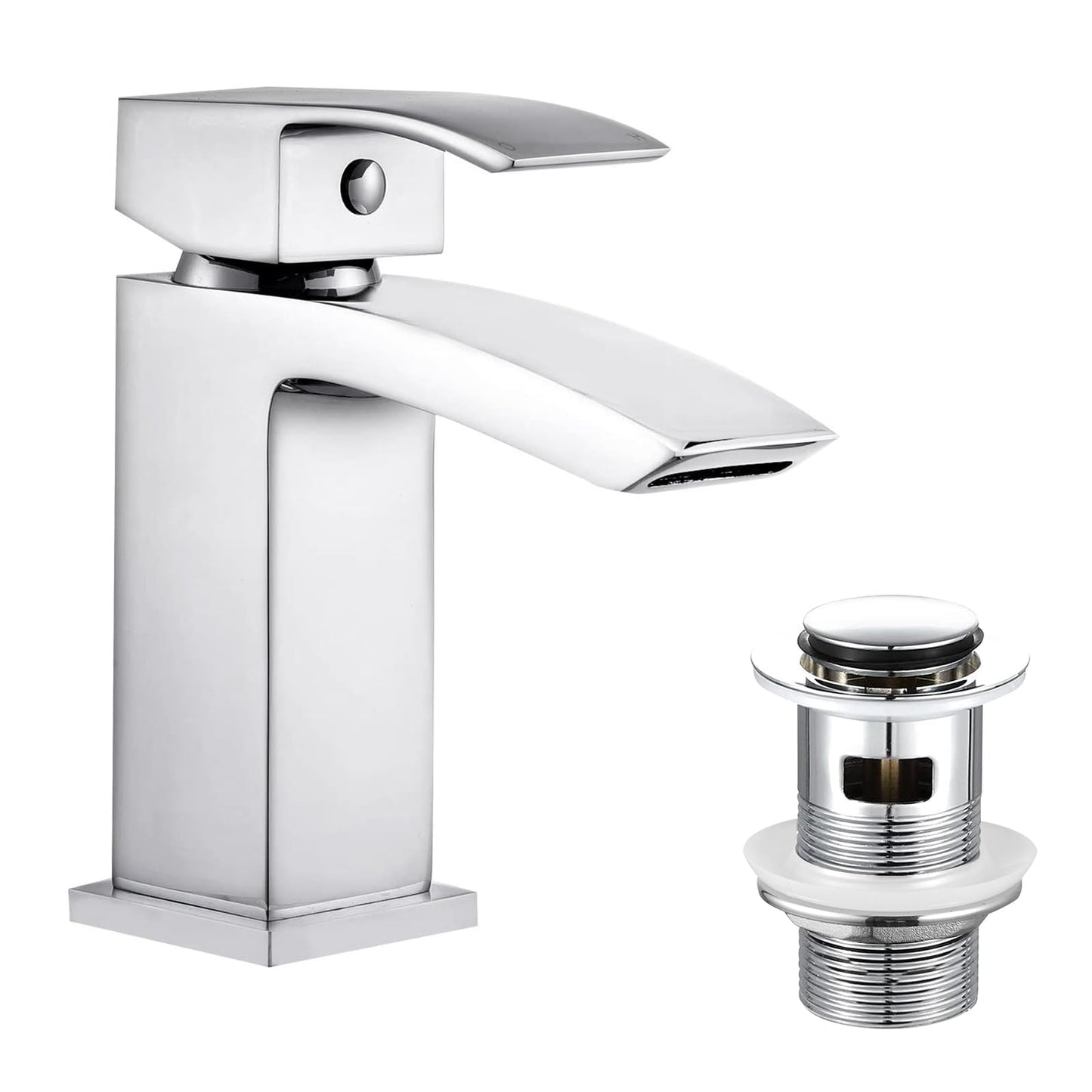 Hapilife Basin Taps Waterfall with Pop up Waste Slotted Square Bathroom Sink Mixer Tap with G1/2 UK Standard Hoses Single Lever Mono Monobloc Modern