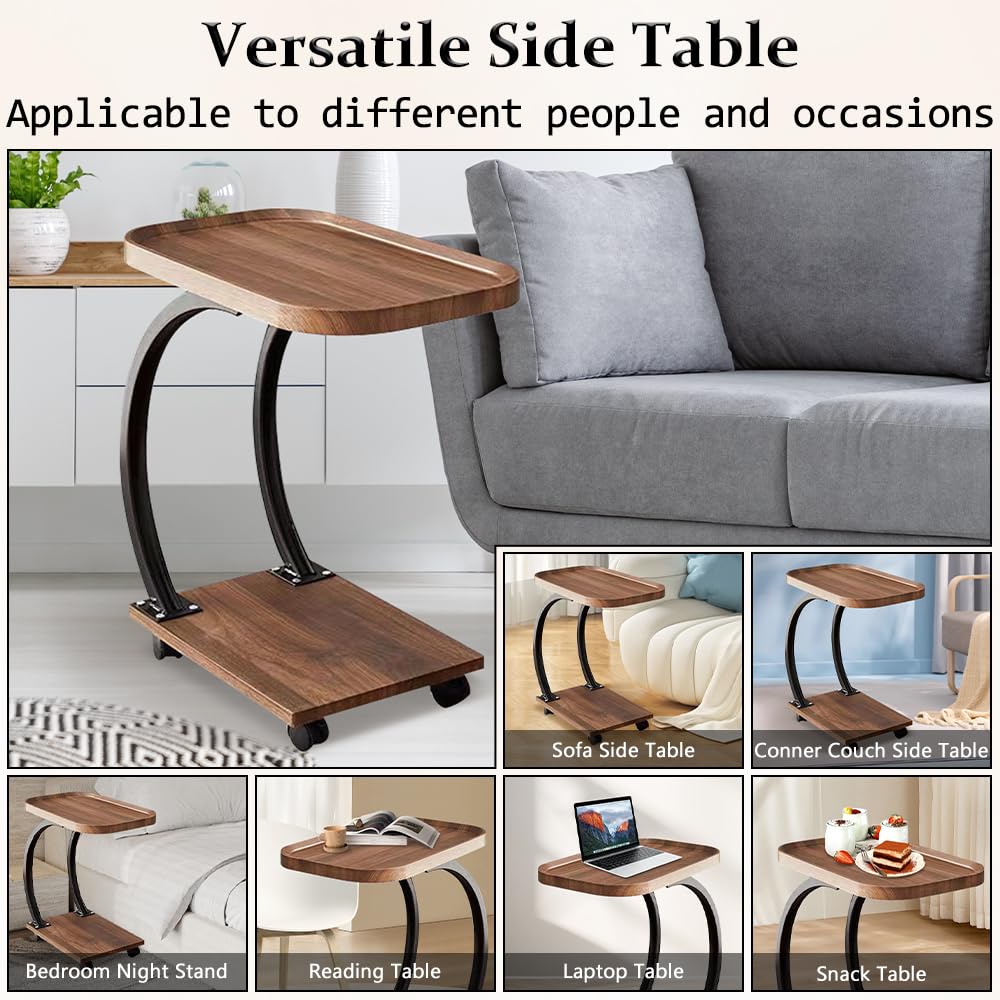 Kiss Me C-Shaped Side Table, Bedside End Table with 4 Wheels, Brown