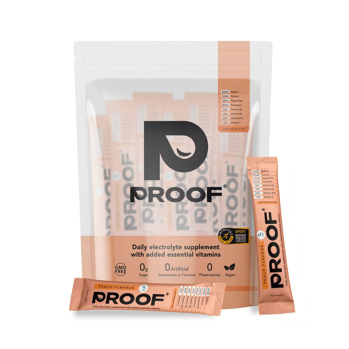 Electrolyte Supplement | Hydration Sachets | Zero Sugar Electrolyte Hydration with Essential Vitamins | (20 Servings, Peach) from Proof Hydration