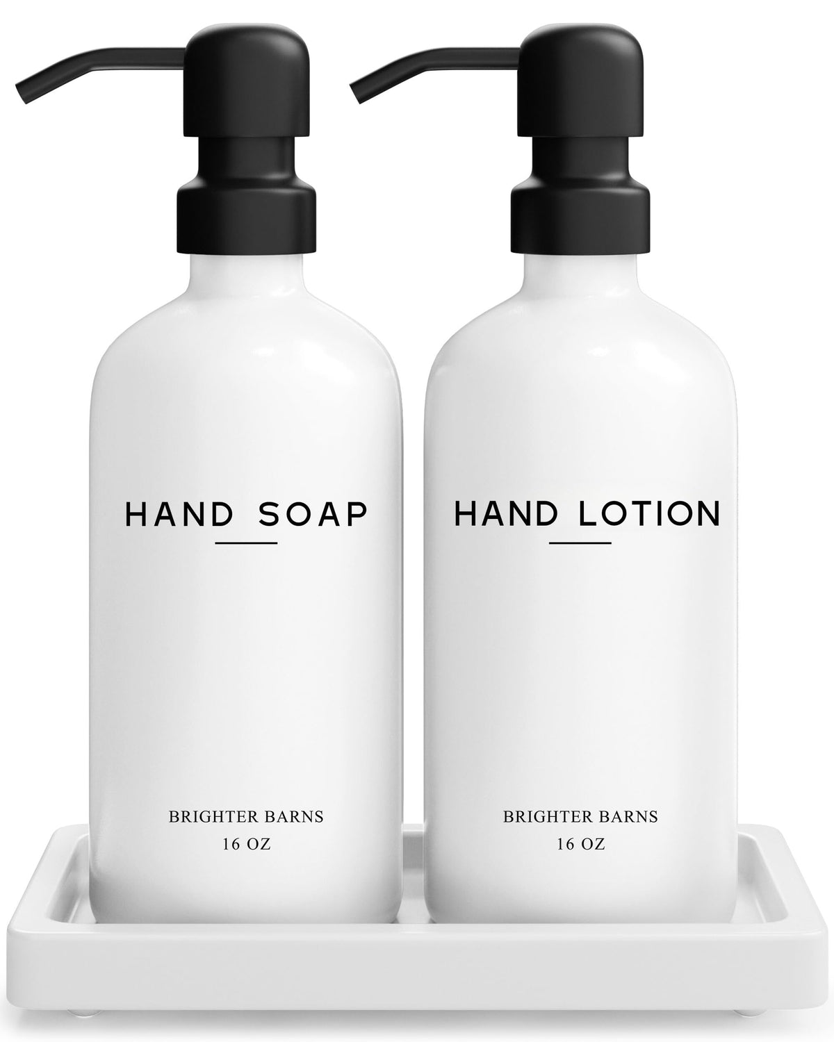 Brighter Barns White Glass Soap & Lotion Dispenser Set with Tray - Stainless Steel Pump for Home or Vacation Rental - Bathroom Accessories & Decor