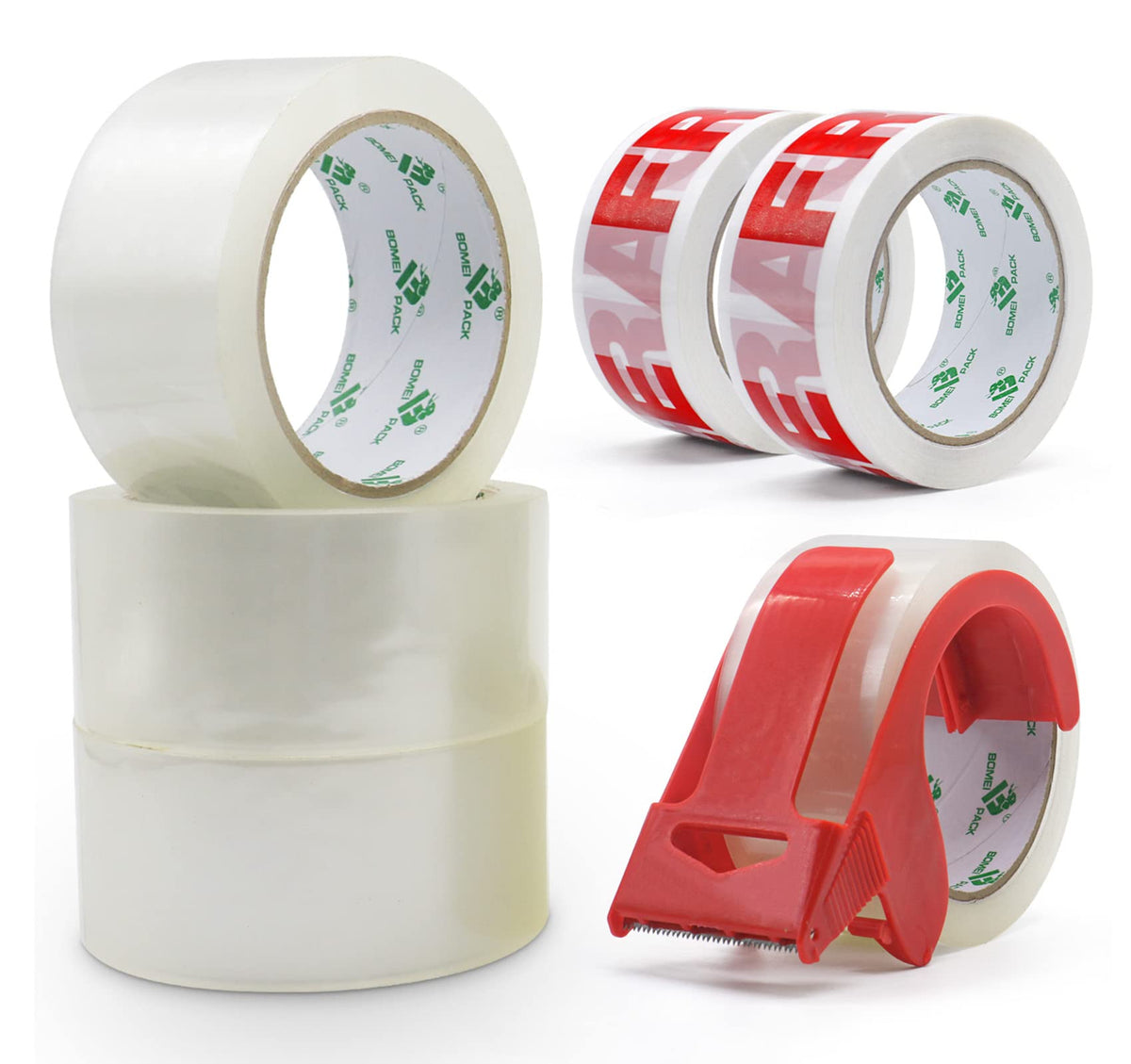 BOMEI PACK 6 Rolls 4 Clear and 2 Fragile with 1 Dispenser,No Bubble Secure and Sticky Packing Tape,Heavy Duty Packaging Tape for Moving,Parcels