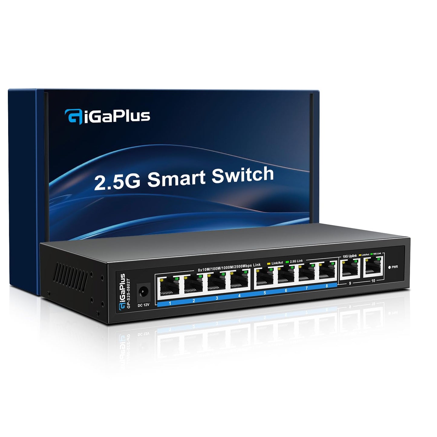 10 Ports 10Gb Unmanaged Ethernet Switch with 8*2.5G Base-T Ports, 2*10G RJ45 Ports. 80Gbps Switching Capacity, GiGaPlus 10Gbps Network Switch for