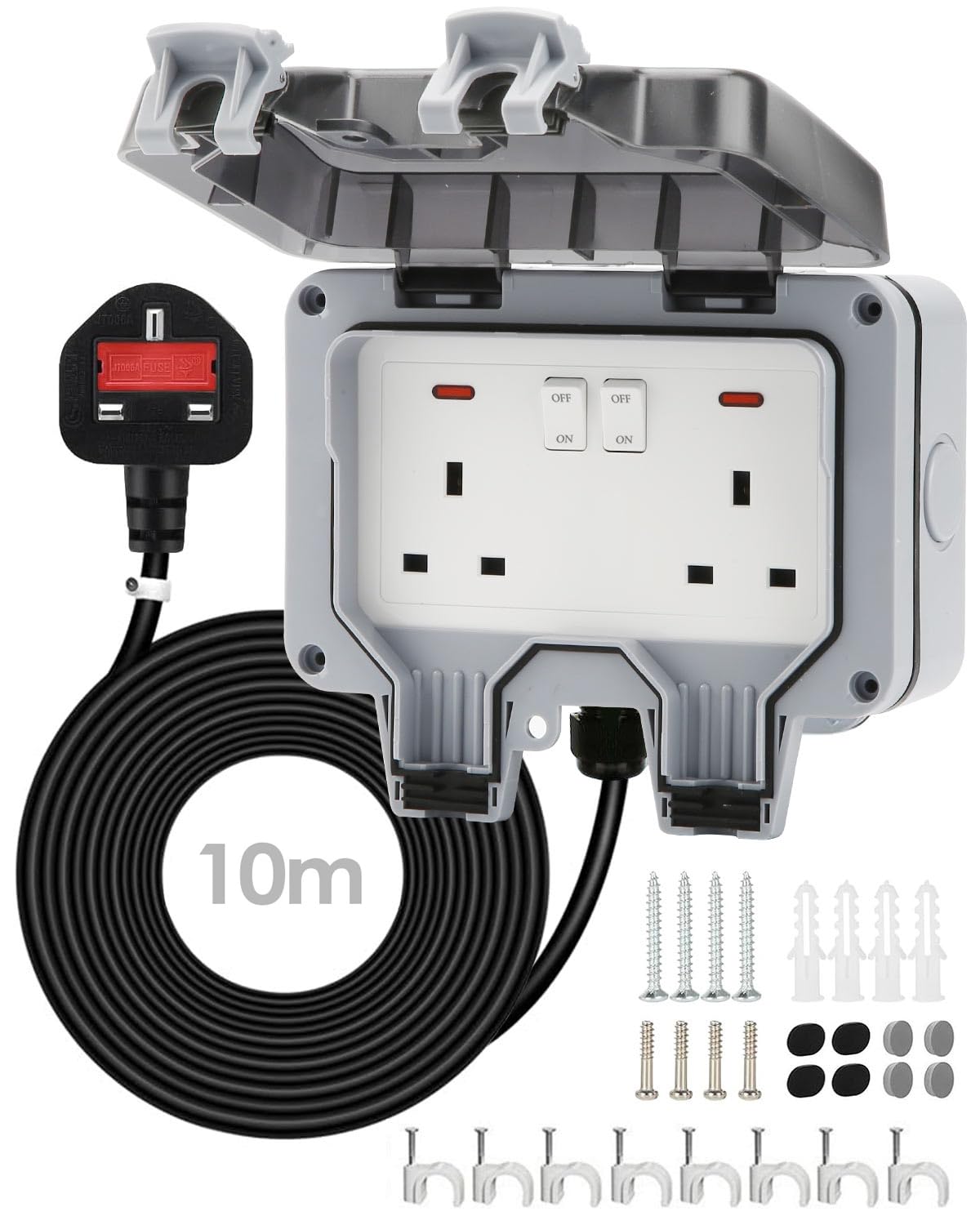 Zenmos Double Outdoor Socket 10M Extension Lead, Outdoor Plug Sockets Waterproof IP66, 13Amp 2 Gang Outside Plug Socket Waterproof, Switch Indicator