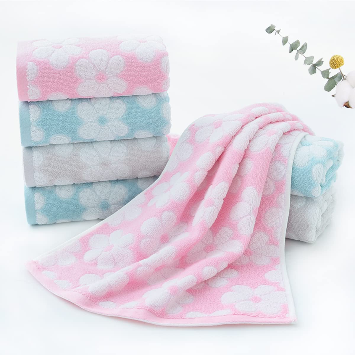 Pidada Hand Towels Set of 2 Floral Pattern 100% Cotton Soft Absorbent Decorative Towel for Bathroom (Light Grey)