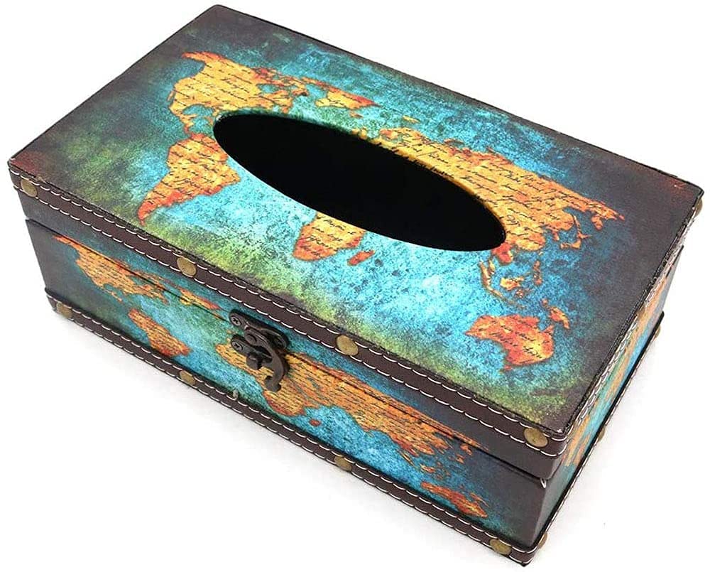 POFET Vintage Chic Shabby Wooden Tissue Box Holder Rectangle Handcraft Tissue Paper Box Cover Napkin Organizer Holder Home Storage Room Office Car