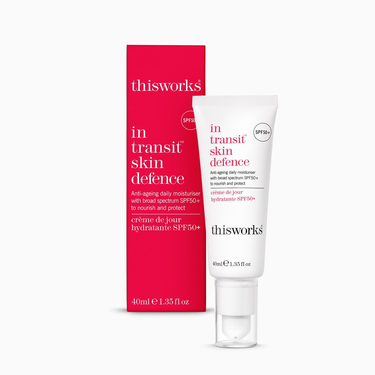 This Works - In Transit Skin Defence SPF50+ Face Moisturiser (40ml) with Hyaluronic Acid, Vitamin E and Antioxidants - Anti-Aging Daily Face Sunscreen