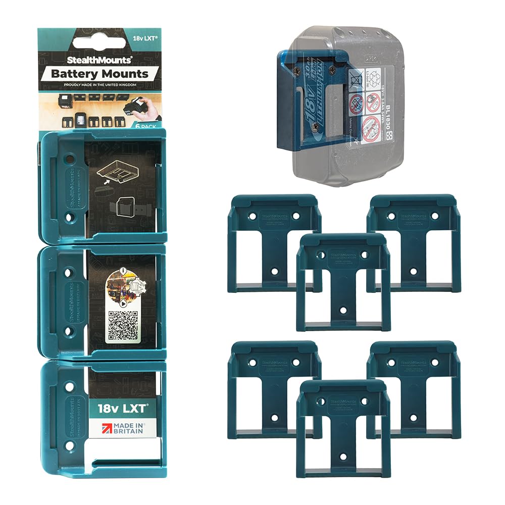 StealthMounts Blue Battery Mounts Compatible with Makita 18V LXT ? 6 Pack Wall & Bench Battery Holders | Power Tool Battery Storage Organiser | Heavy