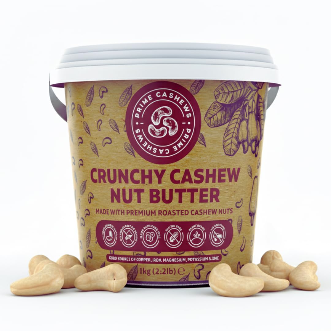Prime Earth - Crunchy Cashew Nut Butter - 1kg - Zero Emulsifier, Oil, Salt or Sugar - Made With 100% Cashew Nuts - Vegan, Keto & Paleo Friendly -