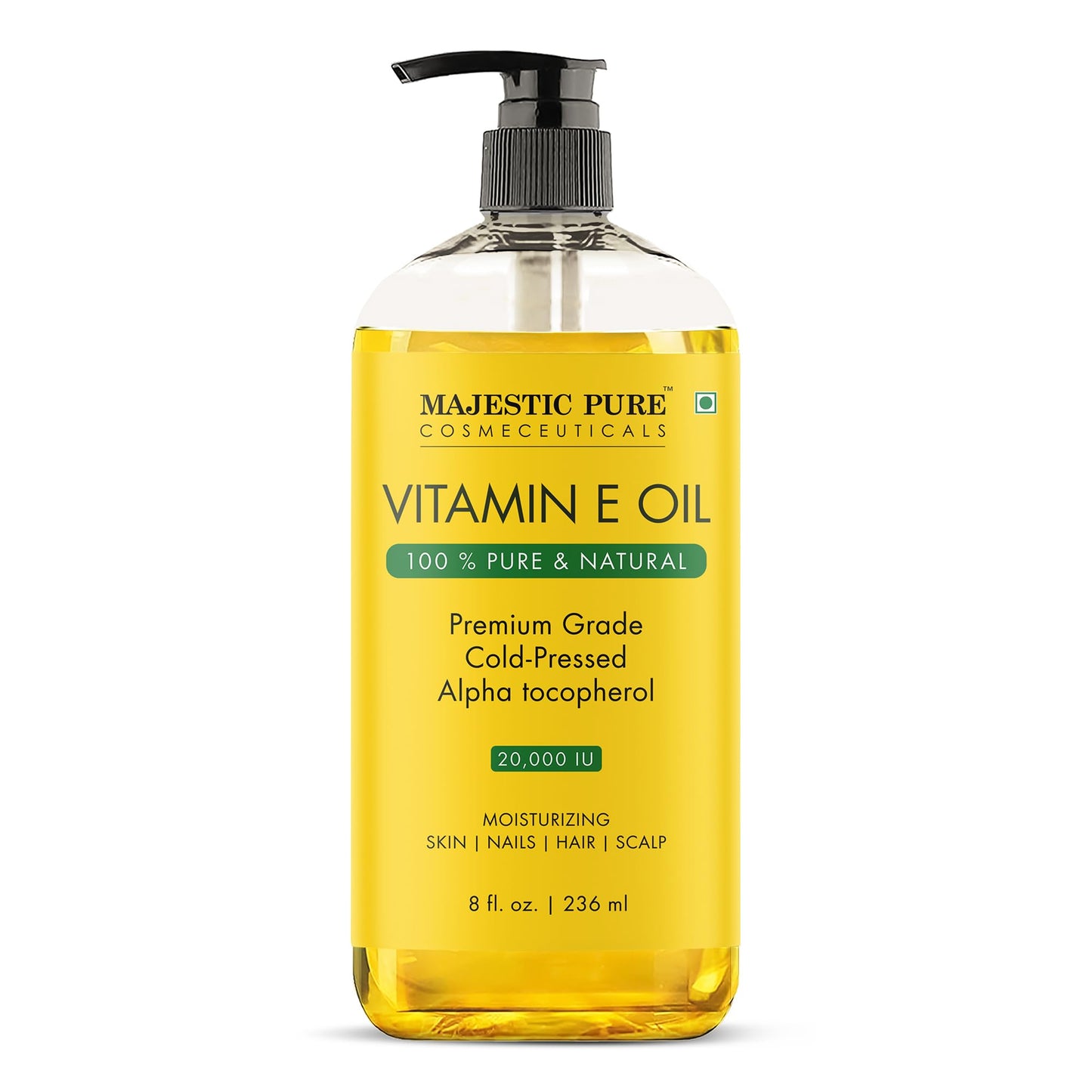 MAJESTIC PURE Vitamin E Oil | 100% Pure and Natural Cold Pressed Vitamin E oil for Skin, Scars, Face, Nails, Hair, Scalp | 20,000 IU | Non-GMO