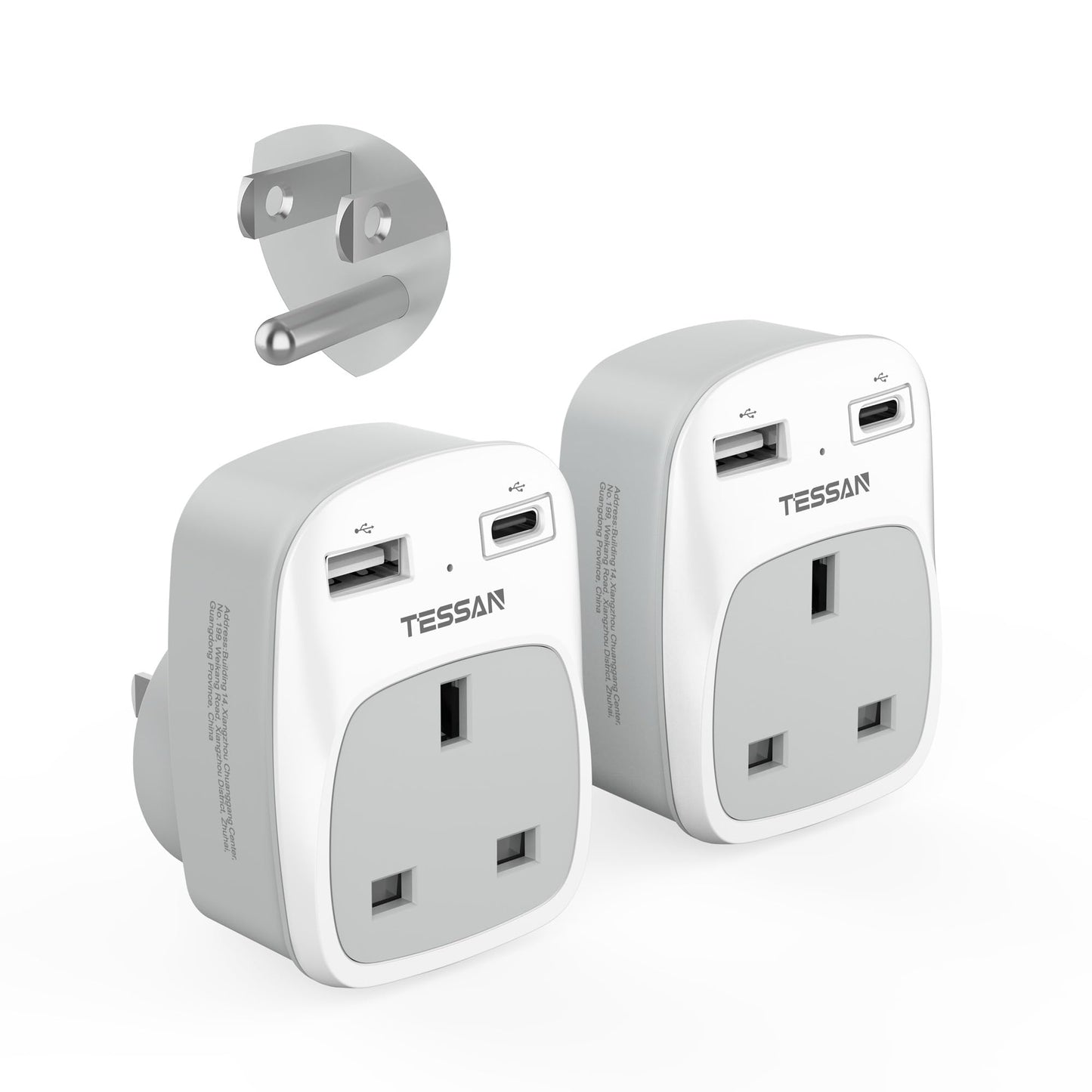 UK to US Plug Adapter 2 Pack, TESSAN UK to US Travel Adaptor with 2 USB (1 USB C), 3 in 1 Grounded Plug Adapter, Travel Essentials for USA, Canada,