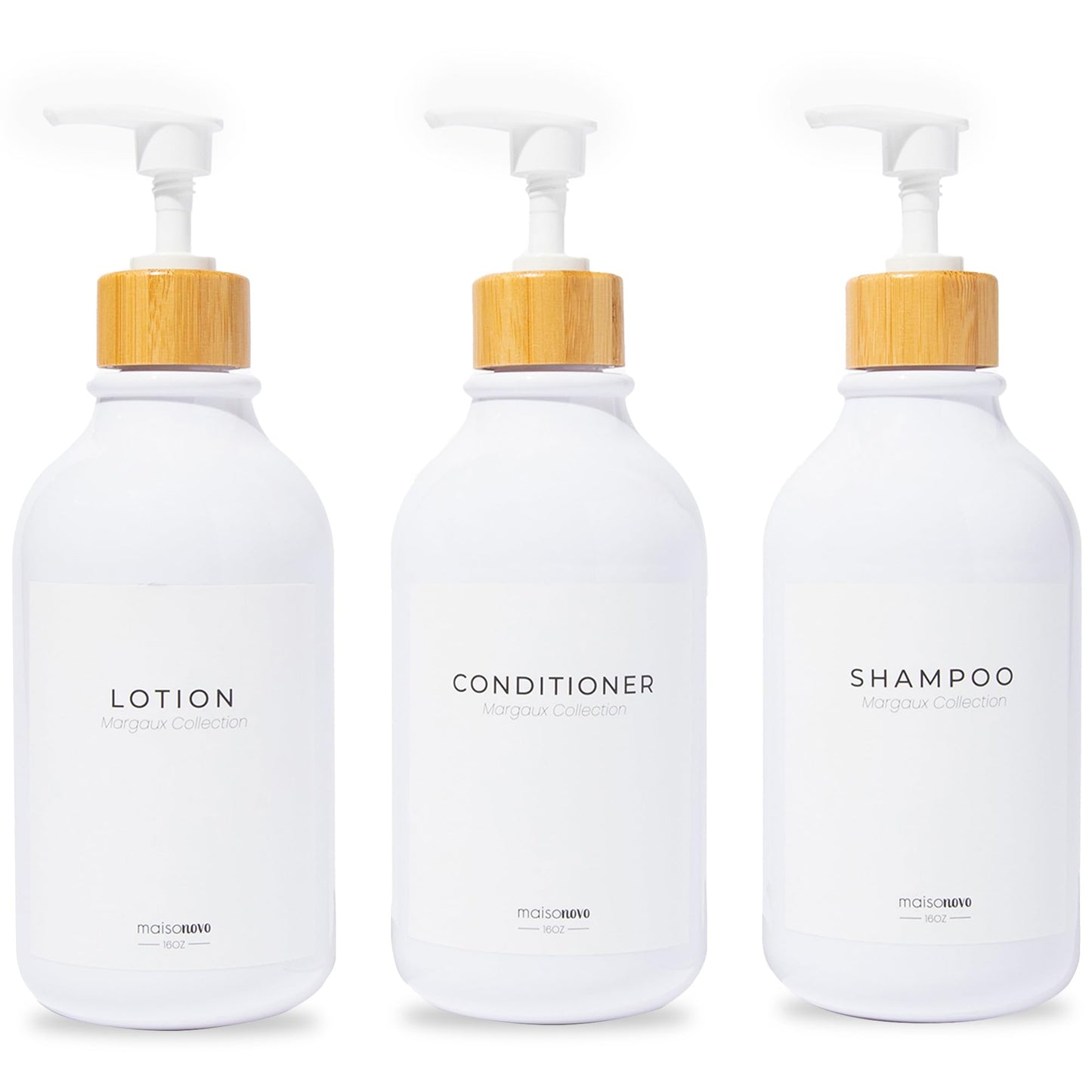 MaisoNovo Refillable Shampoo and Conditioner Bottles - Set of 3, 500ml White Plastic Bottle and White Bamboo Pump - Shampoo and Conditioner Bottles