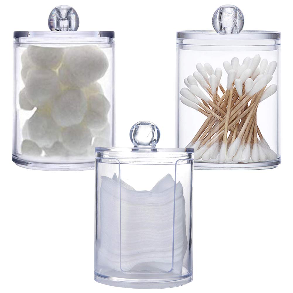 3Pcs Clear Acrylic Makeup Pads Container Organizer,Plastic Cotton Ball and Swab Holder with Lid Bathroom Jar Storage Beauty Makeup Organizer Storage