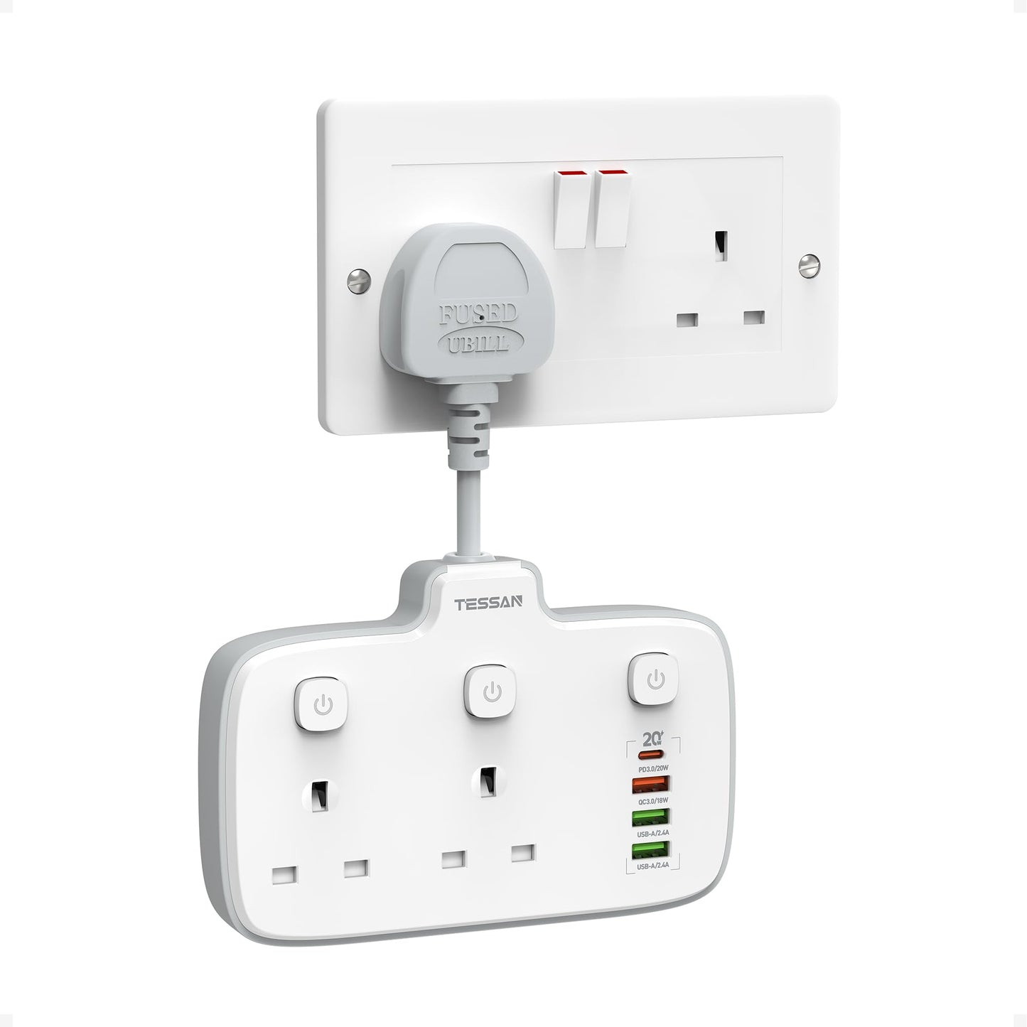 TESSAN Double Plug Adapter UK with 20W PD USB C, Multi Plug Extension Socket with Short Extension Lead, 3250W Socket Extensions with Independent