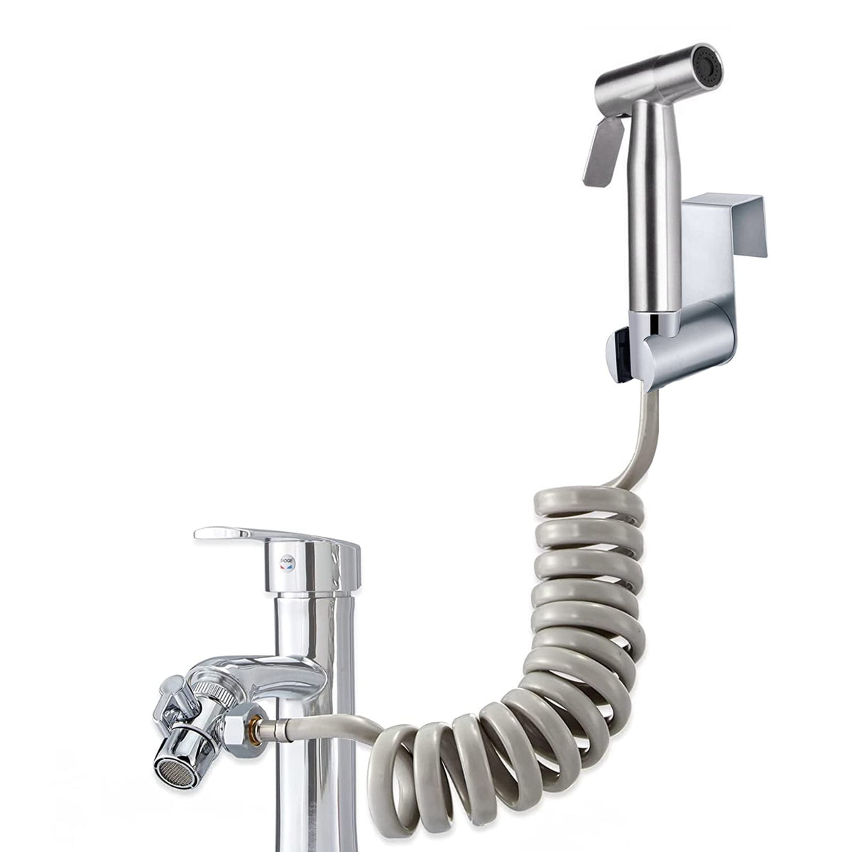 Bidet Hand Shower Set, Premium Brushed Stainless Steel, Baby Cloth Nappy Spray Kit - with Tap Dispenser, 59 Inch Spring Loop and Hook Toilet for