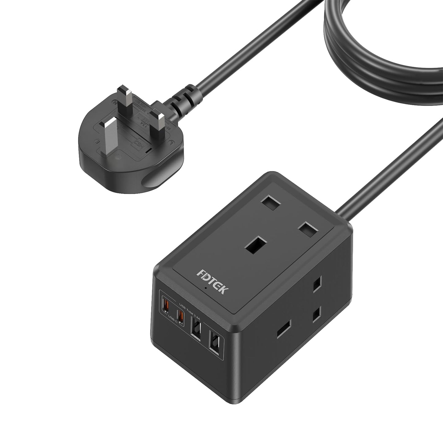 Extension Lead 3M with USB Slots, FDTEK Cube Extension Socket with 3 AC Outlets and 4 USB Ports, Small Wall Mountable Power Strip with 3 Metre