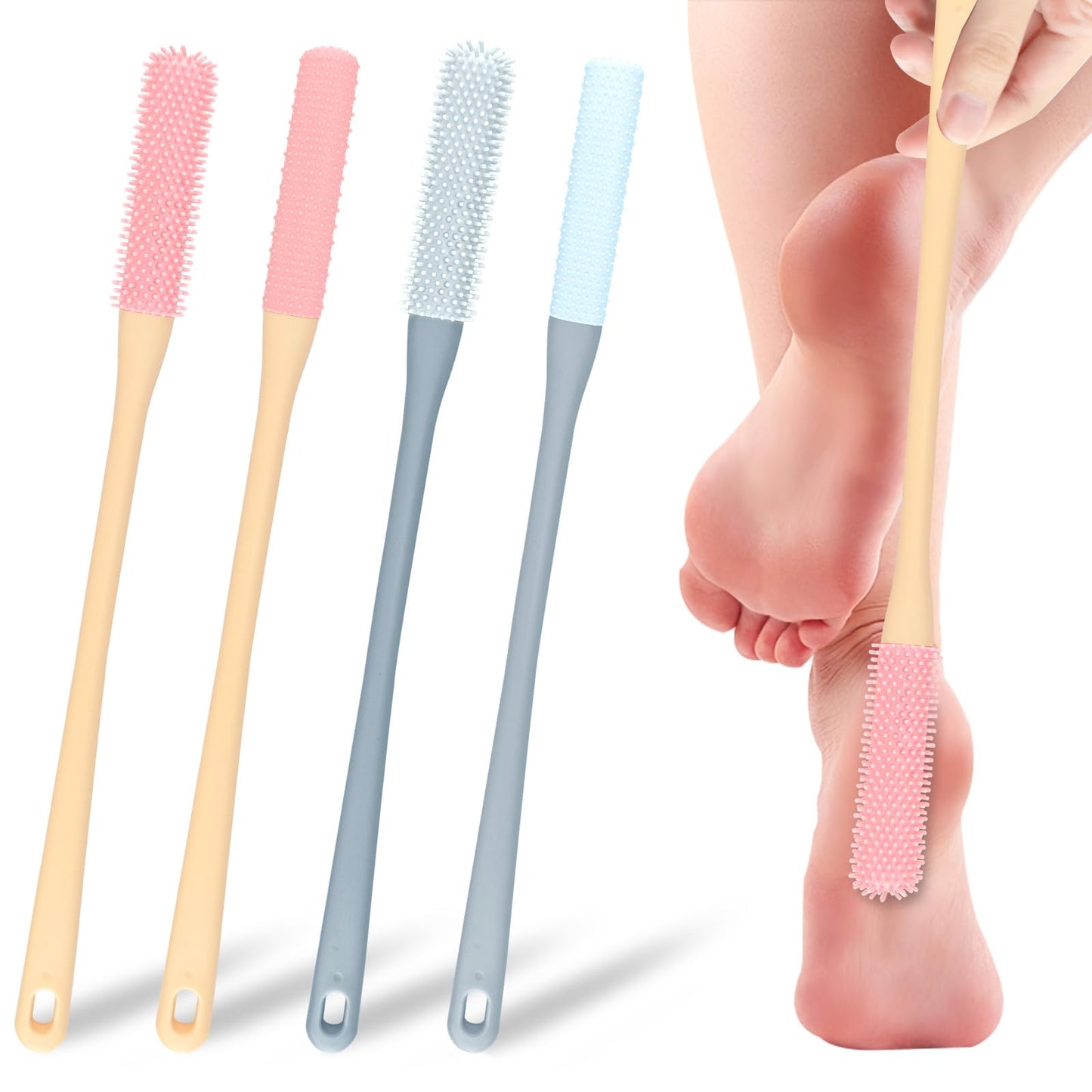 Huakaile 4 Pack Toe Cleaning Brush Set, Silicone Foot Scrubber in Shower with Long Handle, Feet Cleaner for Gap Lotion Women Men Elderly Massage
