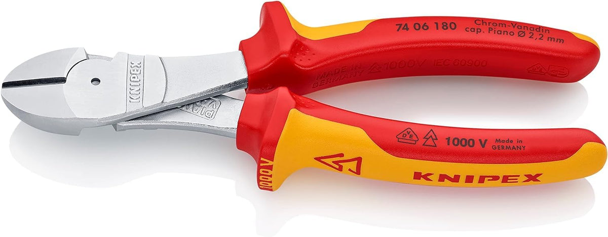 KNIPEX High Leverage Diagonal Cutter Chrome-Plated Insulated with Multi-Component Grips, VDE-Tested 180 mm, 74 06 180