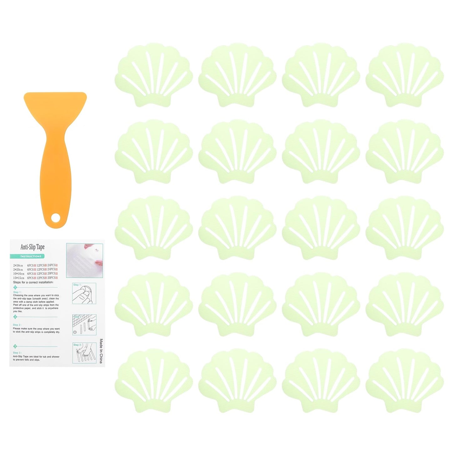 sourcing map 20Pcs Non-Slip Bathtub Stickers, 9x7 cm Shell Shape Shower Floor Non Slip Stickers with Scraper for Bathroom Shower Stairs Ladders,