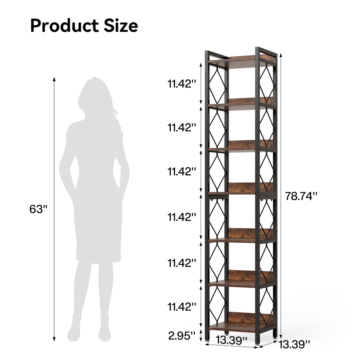 LITTLE TREE 7-Tier Bookcase, Bookshelf, Metal Shelving Unit, 35 x 35 x 200 cm, Industrial, Tall Freestanding Bookcases for Living Room, Home Office