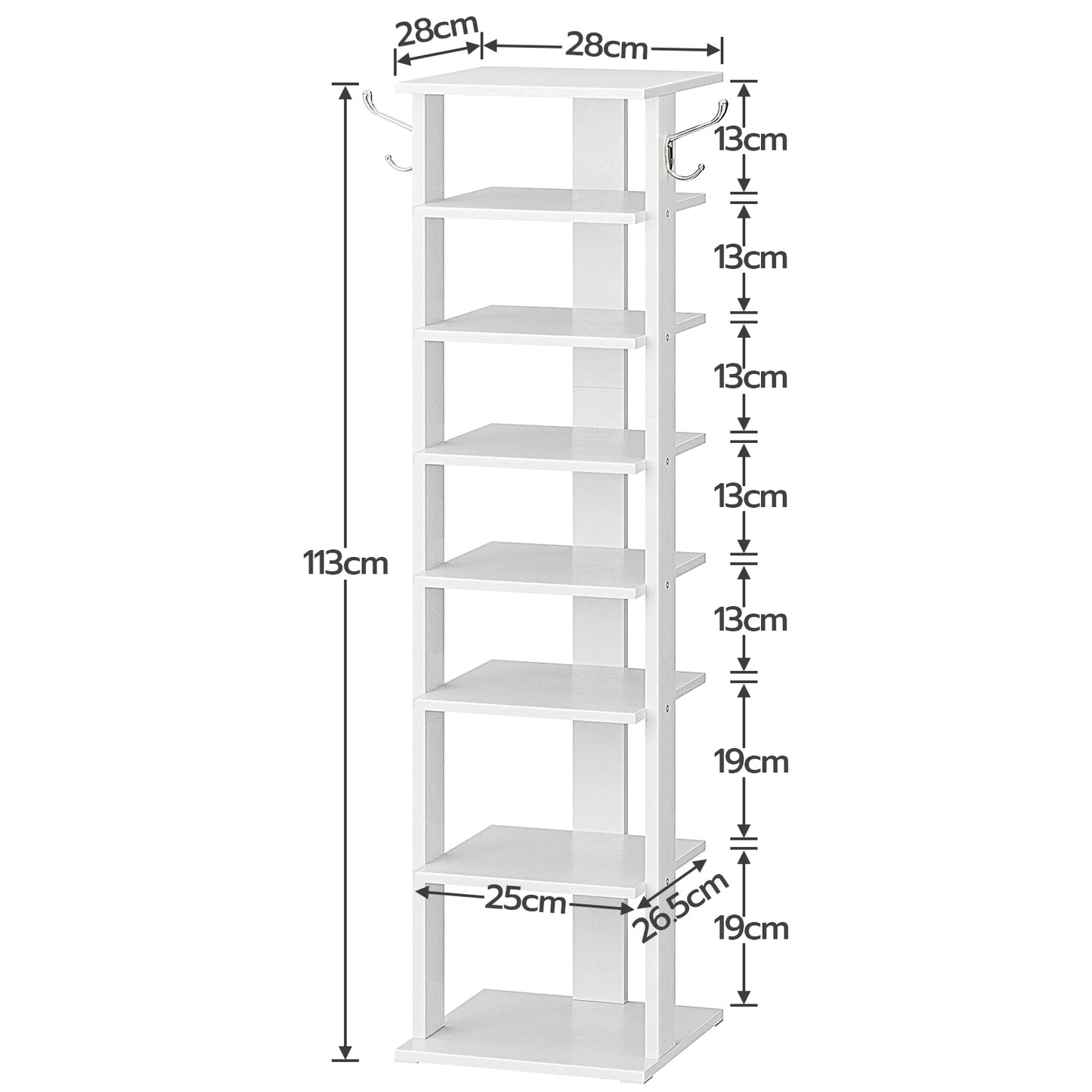 HOOBRO Shoe Rack Wooden, White Shoe Rack, Tall, Narrow Shoe Storage Organizer with 2 Hooks, Slim Shoe Shelf, Vertical Shoe Tower for Entrance, Living