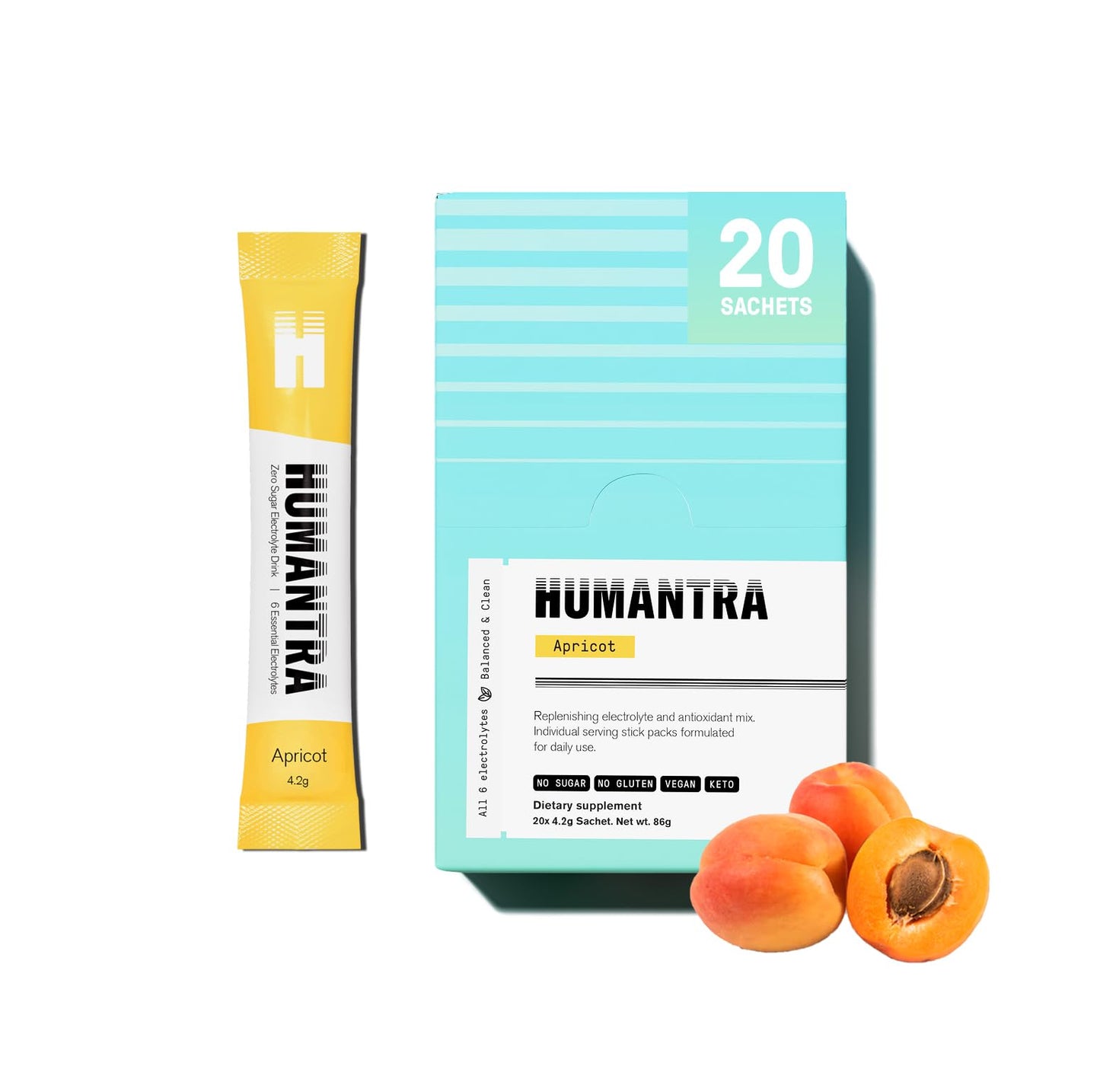 Humantra Electrolyte Packets | Zero Sugar | W/ 6 Electrolytes | Electrolytes Powder (20 Count, Apricot)
