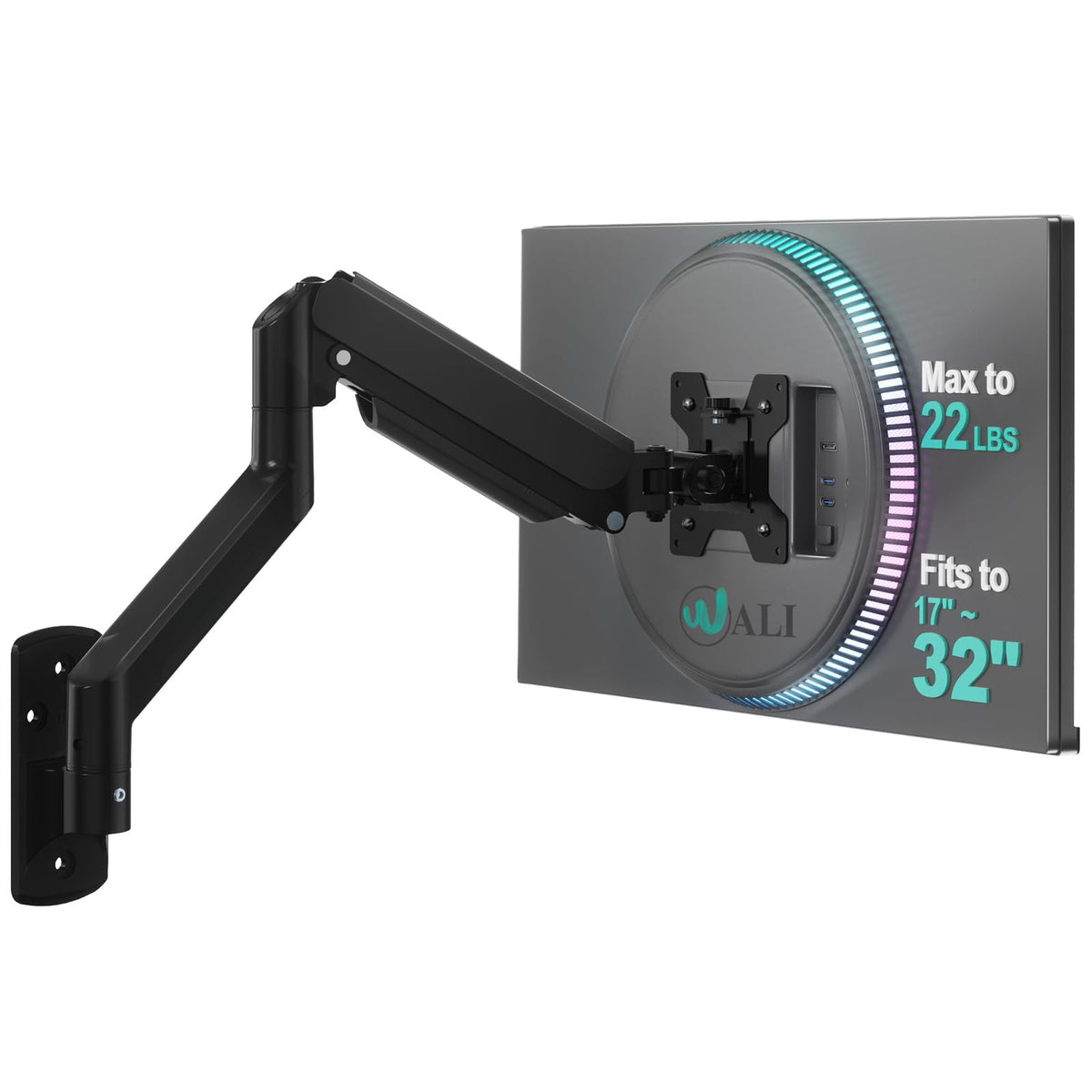 WALI Single Monitor Wall Mount for 17-32 Inch Screen, Fully Adjustable Gas Spring Monitor Arm with Tilt Swivel Rotate, Holds up to 10 kg, Arm Max