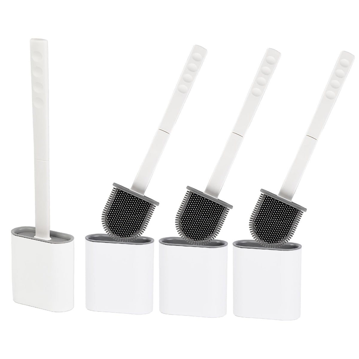 Silicone Toilet Brush With Holder ? Pack of 4 Long Non-Slip Handle, Flexible Bristles for Easy Cleaning ? Modern Drip-Free Base, Durable White