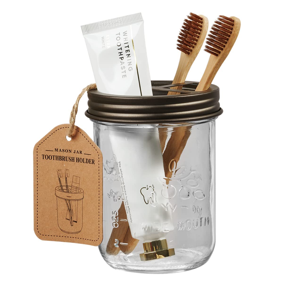 Mason Jar Bathroom Accessories Set 4 Pack - Foaming Soap Dispenser&2 Qtip Holders&Toothbrush Holder-Rustic Farmhouse Decor Bathroom Organizer