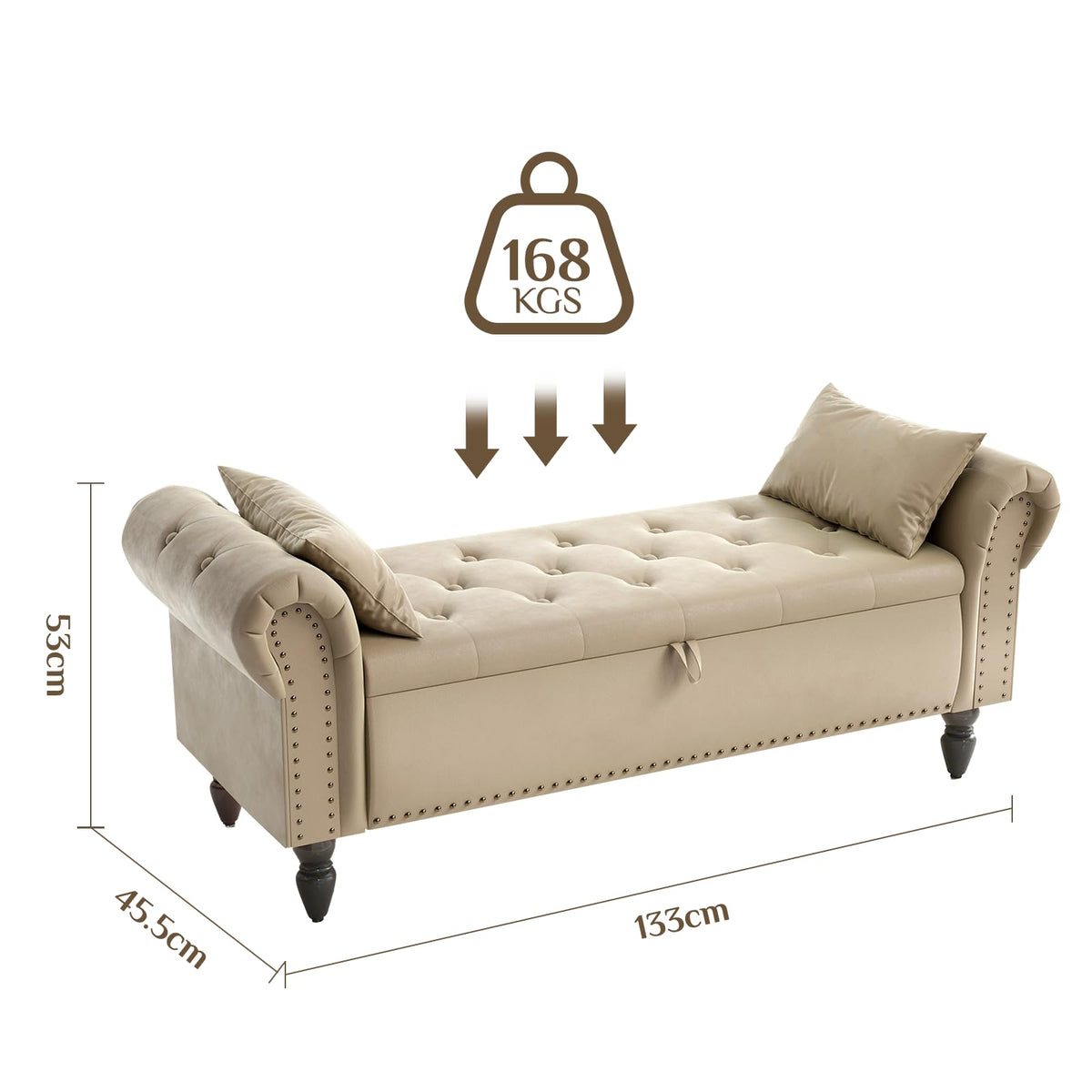 Clevich 133cm Velvet Storage Ottoman Bench, 168KG Load Capacity, Brown