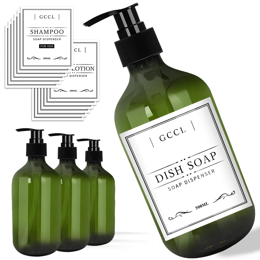 4 Pack 500ml Soap Pump Bottle Dispenser, Empty Plastic Lotion, Dish Soap, Shampoo and Conditioner Bottles, Liquid Soap Dispenser with Waterproof