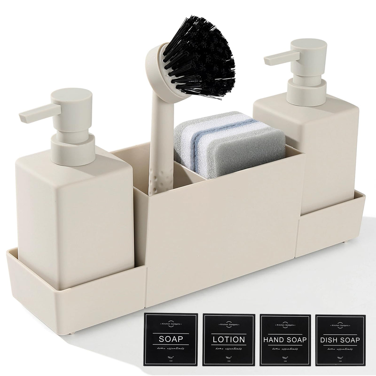 Kitchen Soap Dispenser Set, Washing Up Liquid Dispenser Beige with Sponge Caddy and Brush Holder, Dish Soap Dispenser for Kitchen Countertop Sink
