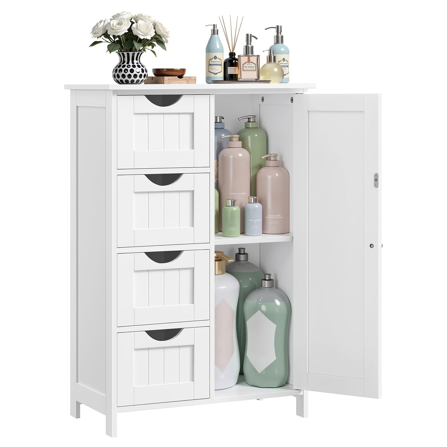 VASAGLE Bathroom Floor Storage Cabinet, Wooden Storage Unit with 4 Drawers, Single Door, Adjustable Shelf, for Living Room, Kitchen, Entryway, White