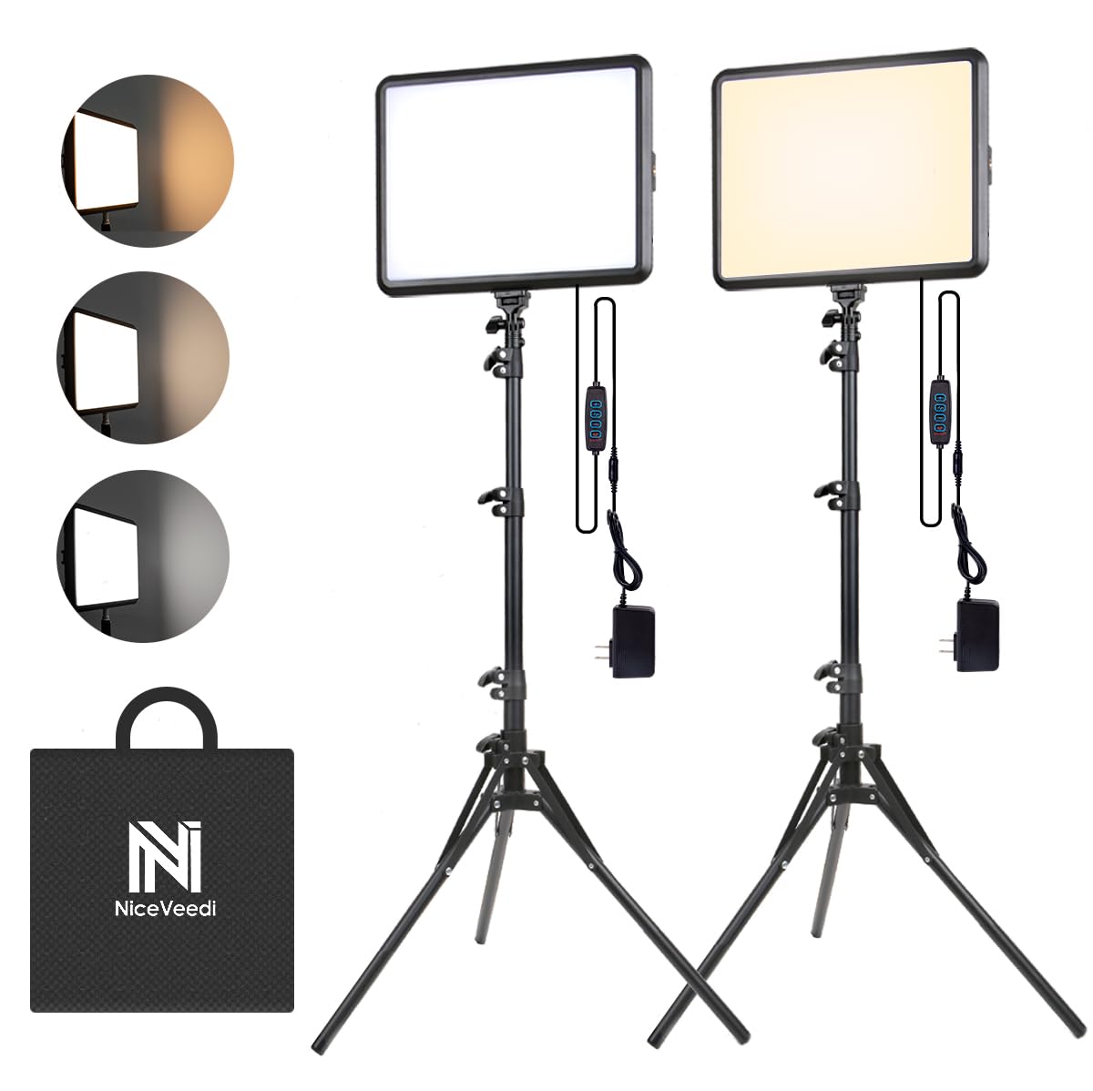 NiceVeedi 25W Photography Lighting, 185cm 2-Pack LED Video Panel Light Kit, 2900-7000K Dimmable Studio Light with Tripod, Streaming Light for Youtube