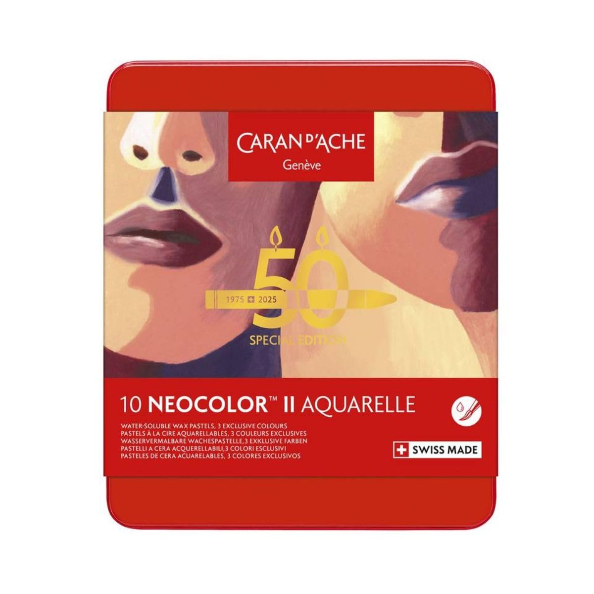 Caran d'Ache Neocolor II Water-Soluble Wax Pastels 50 Year Special Edition - Portrait - Tin of 10 Colours, Art Colouring Crayons, Art Lover Gift, Art