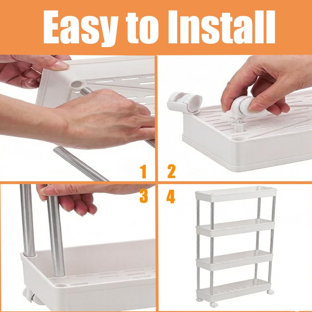 4-Tier Narrow Slim Storage Trolley Cart Slide-out Utility Mobile Shelving Space Organizer Shelf Rack Storage Cart on Wheels for Kitchen Bathroom