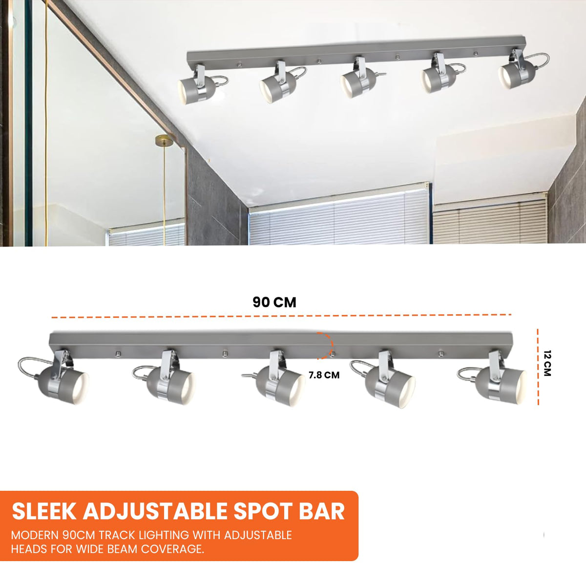 UKEW Modern 5 Way Ceiling Spotlight - Straight Bar Long 90CM Spot Bar 50W Lights Adjustable Retro Heads - GU10 LED Fitting for Bedroom Restaurants