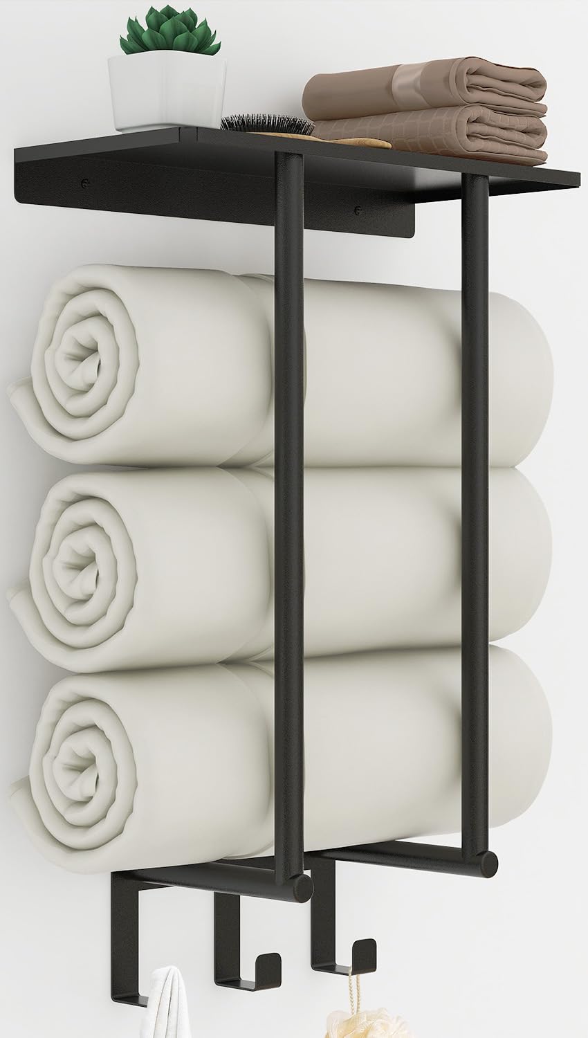 Towel Rack Wall Mounted, BETHOM Bathroom Towel Storage with Shelf and 3 Hooks for Small Bathroom, Bathroom Towel Holder Can Holds Up to 3 Large