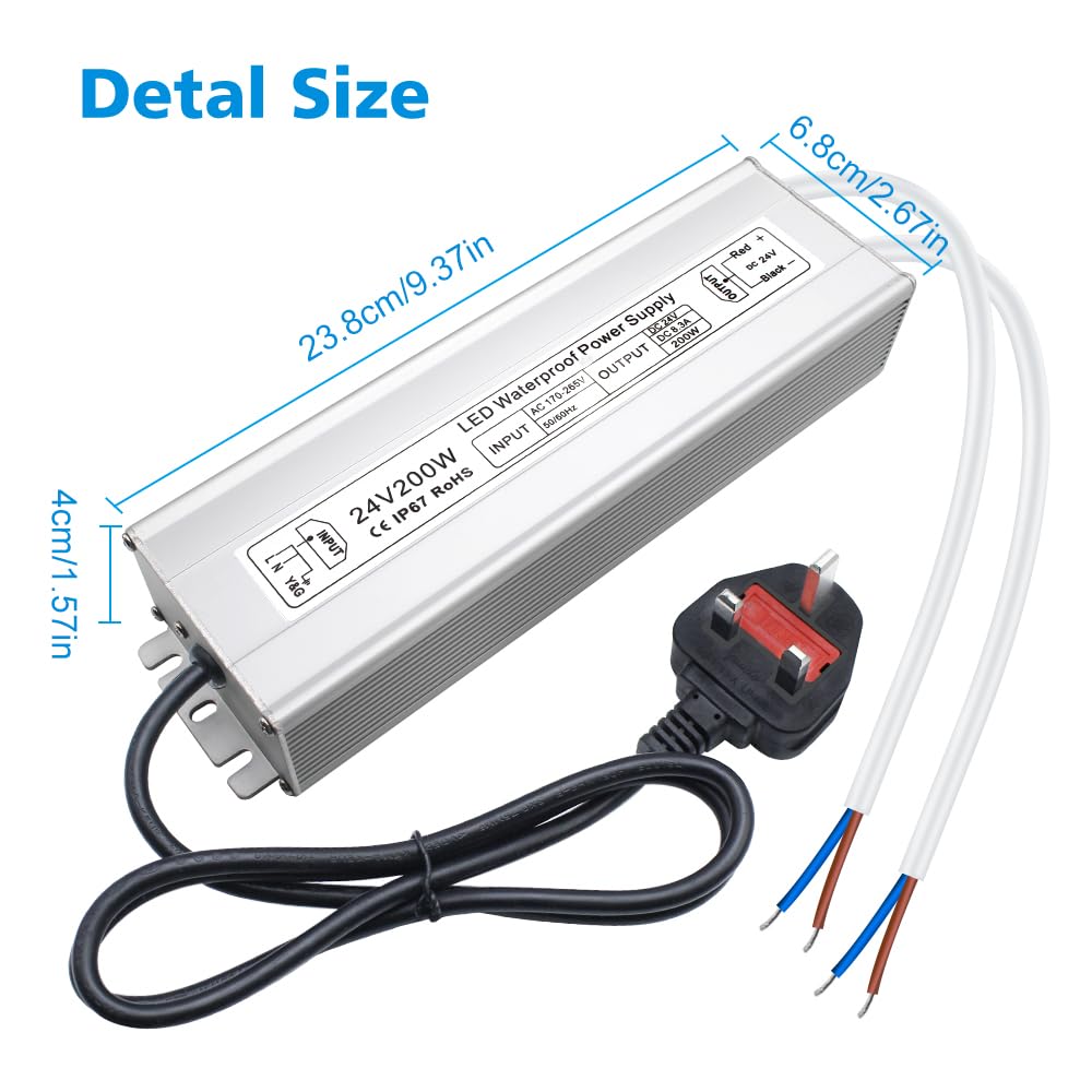 inShareplus LED Power Supply, 24V 200W IP67 Waterproof Outdoor Driver, AC 170-265V to DC 24V 8.3A Low Voltage Transformer, Adapter with 3-Prong Plug