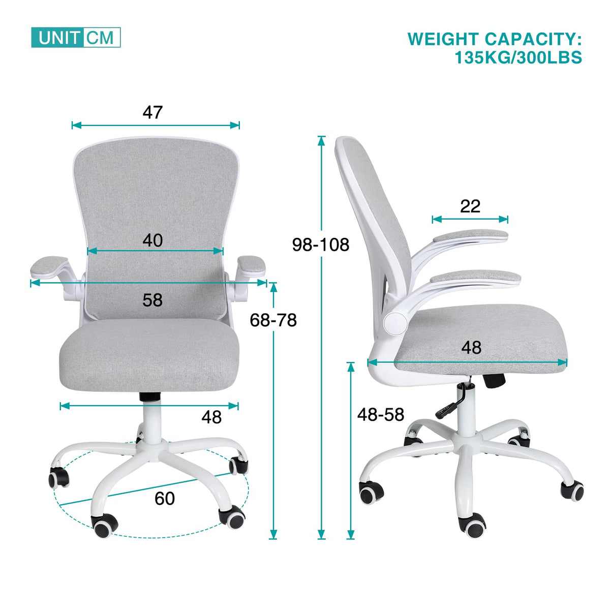 Fullwatt Ergonomic Desk Chair - Flip-up Armrest Mesh with Lumbar Support, Mid-Back for Home Office & Conference Rooms, Grey