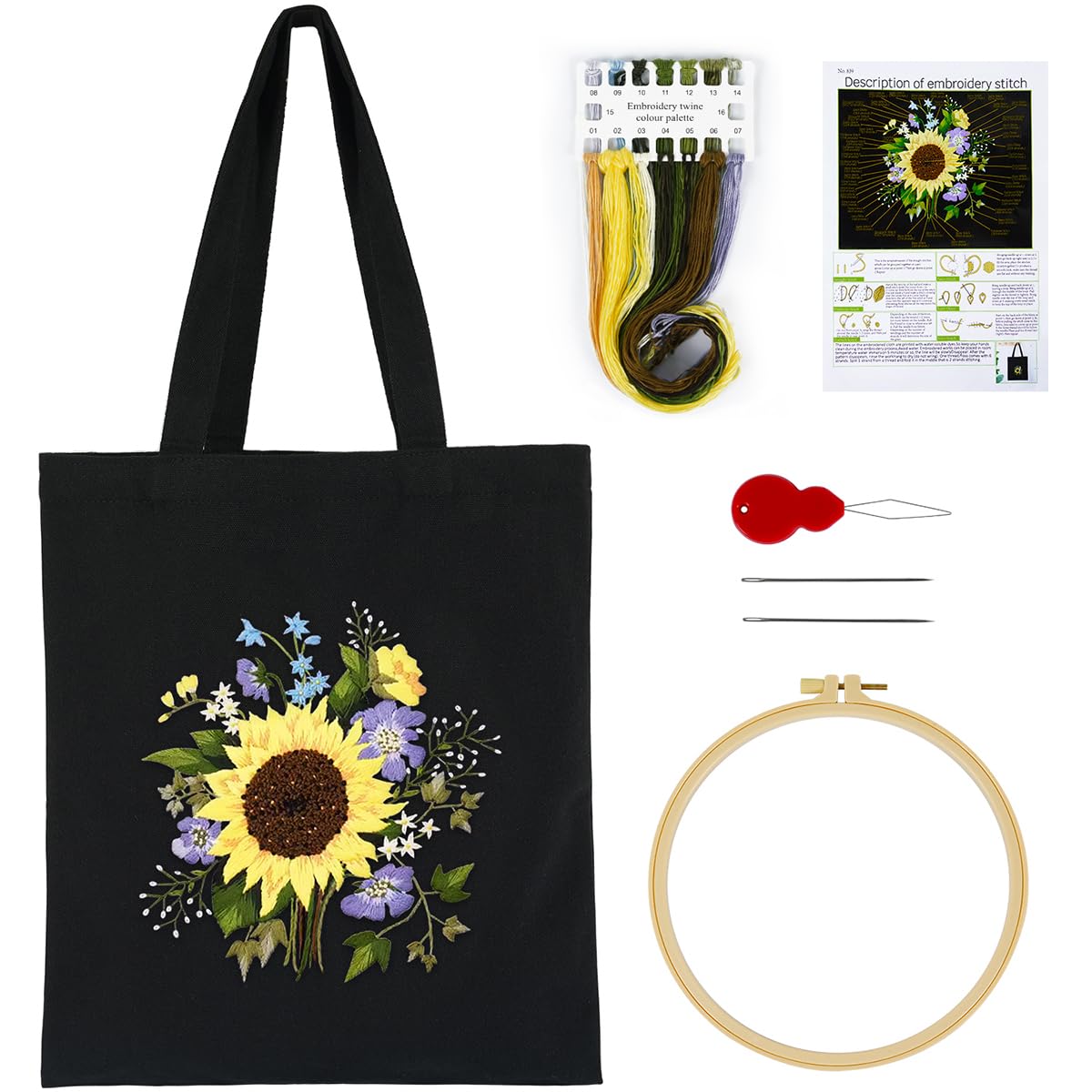 Canvas Tote Bag Embroidery Kits for Beginners Adults, Stamped Embroidery Starter Kit with Floral Pattern, Art DIY Craft Sewing Cross Stitch Kit Tote