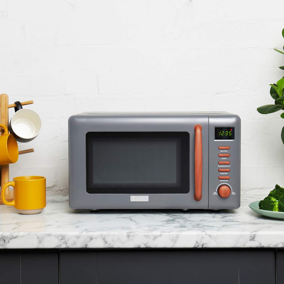 Dorchester Grey Microwave Oven 800w, 5 Power Levels, Express, Auto Cook, Defrost Functions - Compact Microwave with 27cm Turntable - Child Safety