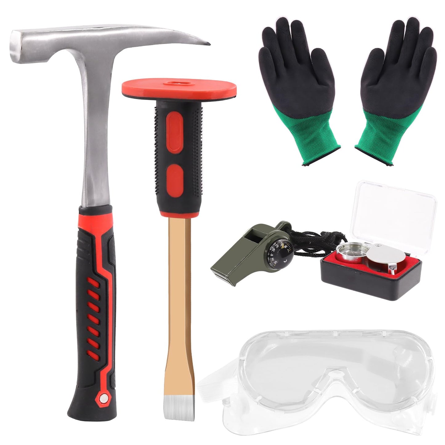 Tanstic 6Pcs Geology Rock Hammer and Chisel Kit, 30oz Hammer & 12" Digging Chisel, Whistle, Safety Glasses, Jewelers Loupe and Gloves, Rock Hounding
